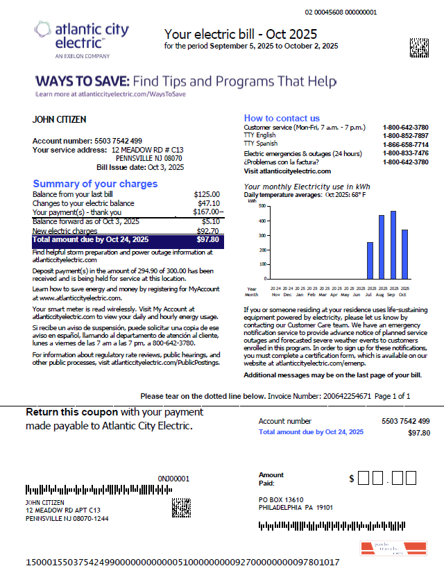 USA Atlantic City Electric utility bill template in Word and PDF formats
